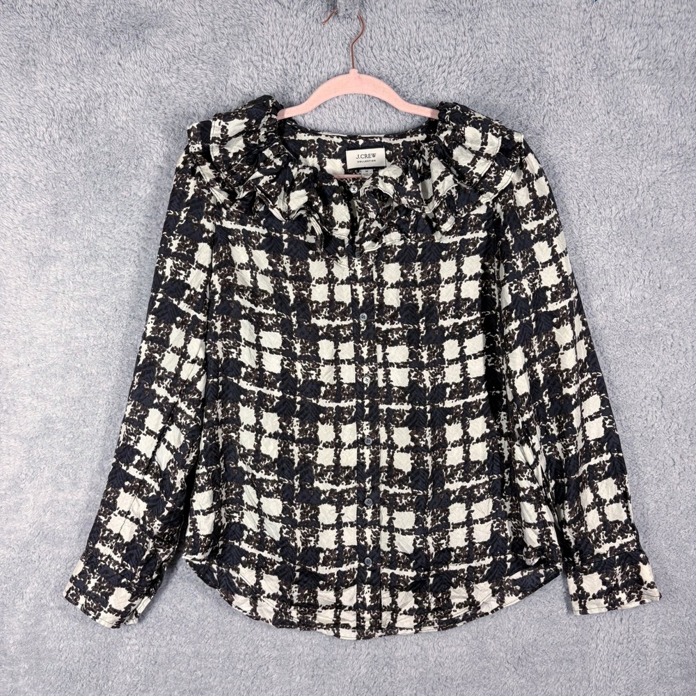 J. Crew Collection Silk Twill Ruffle Collar Button Up Top Sz M White Black Plaid